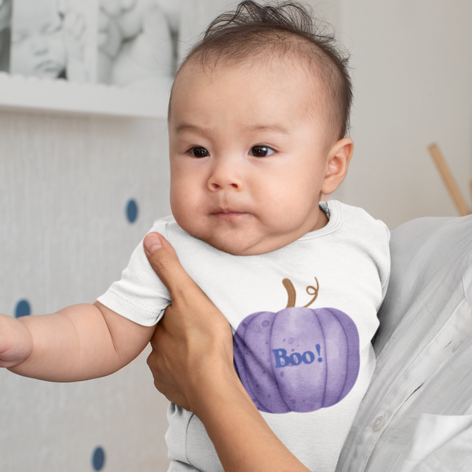 Baby soft cotton Halloween romper with purple pumpkin print and text “Boo!”