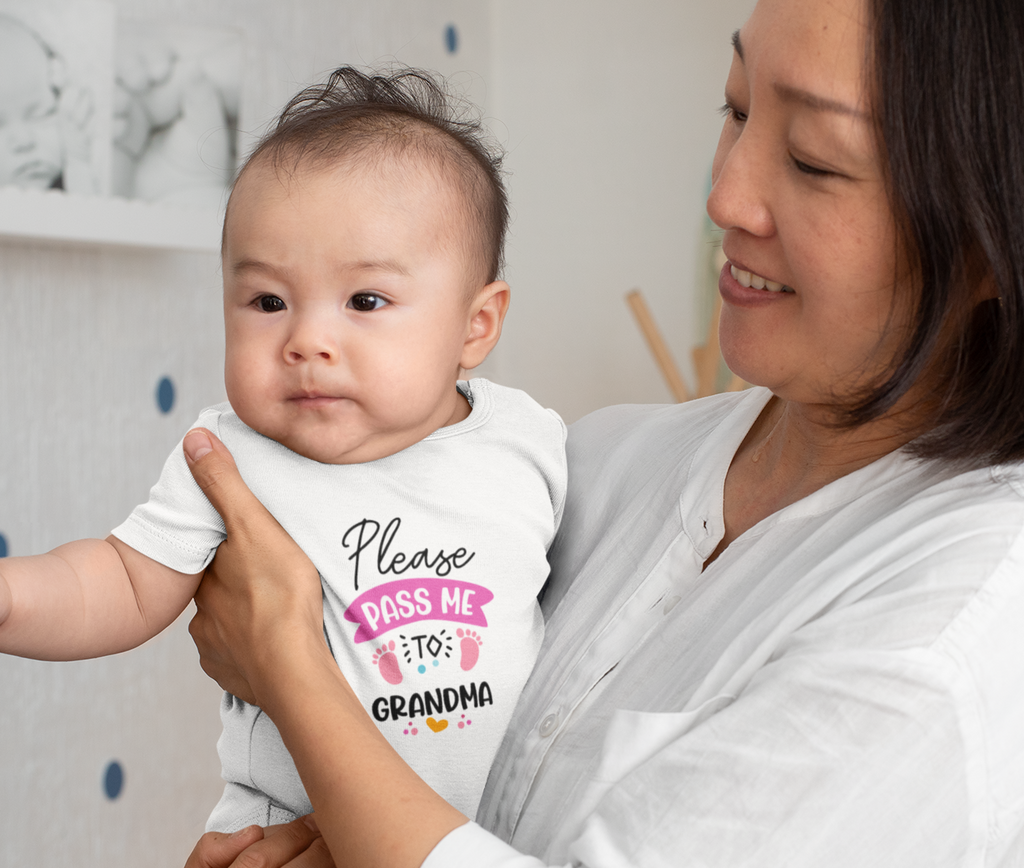 Premium baby cotton romper with “Please Pass Me to Grandma” print – soft, breathable unisex onesie for babies