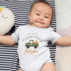 Baby soft cotton Halloween onesie with small truck full of pumpkins and “Farmhouse Fresh Pumpkin” text – breathable romper for infants