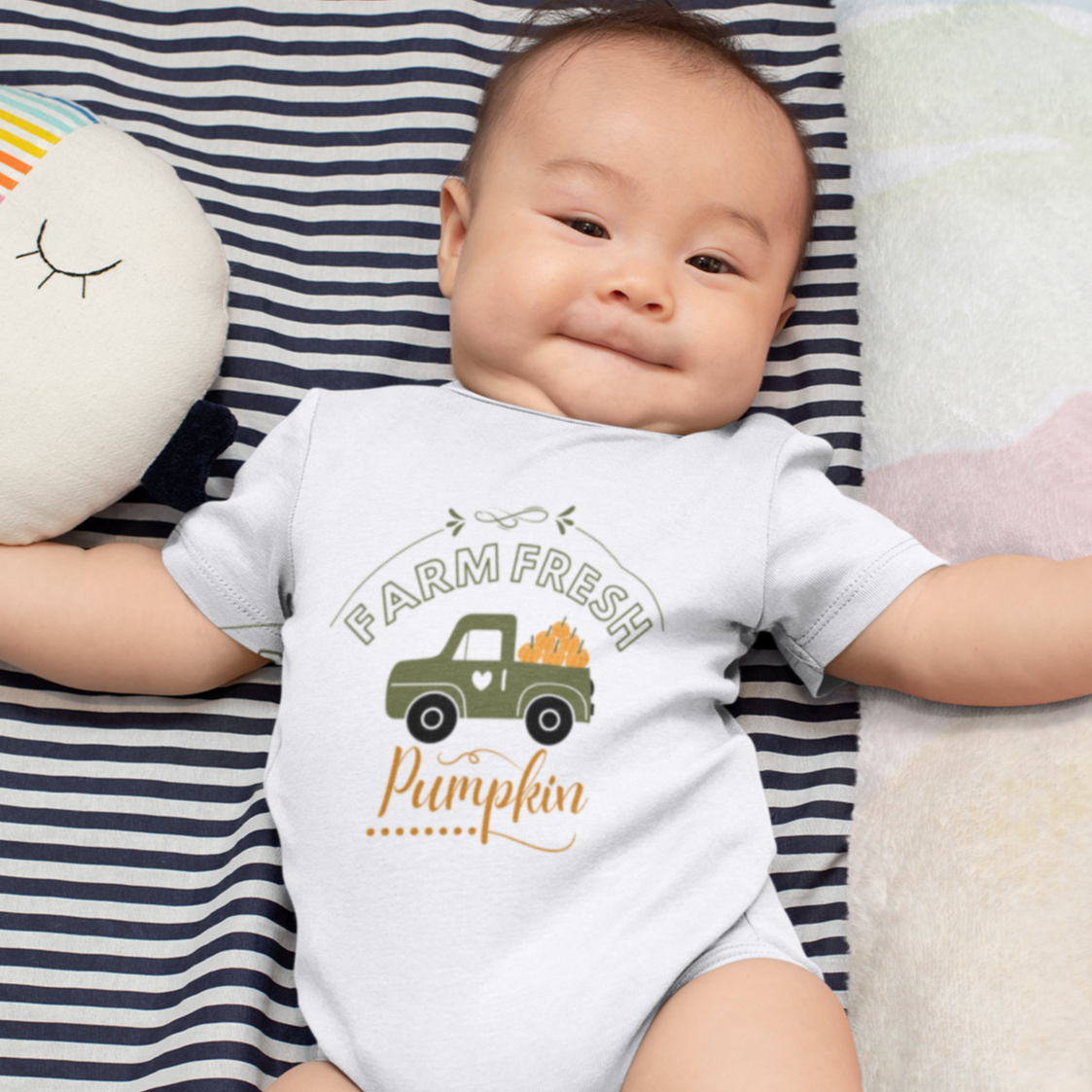 Baby soft cotton Halloween onesie with small truck full of pumpkins and “Farmhouse Fresh Pumpkin” text – breathable romper for infants