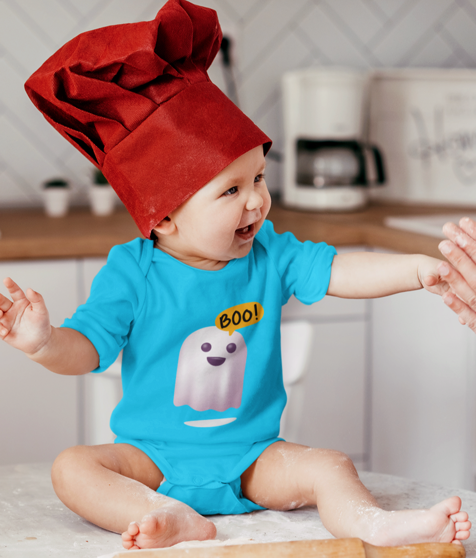 Baby soft cotton Halloween onesie with cute ghost print and “Boo!” text – breathable romper for infants
