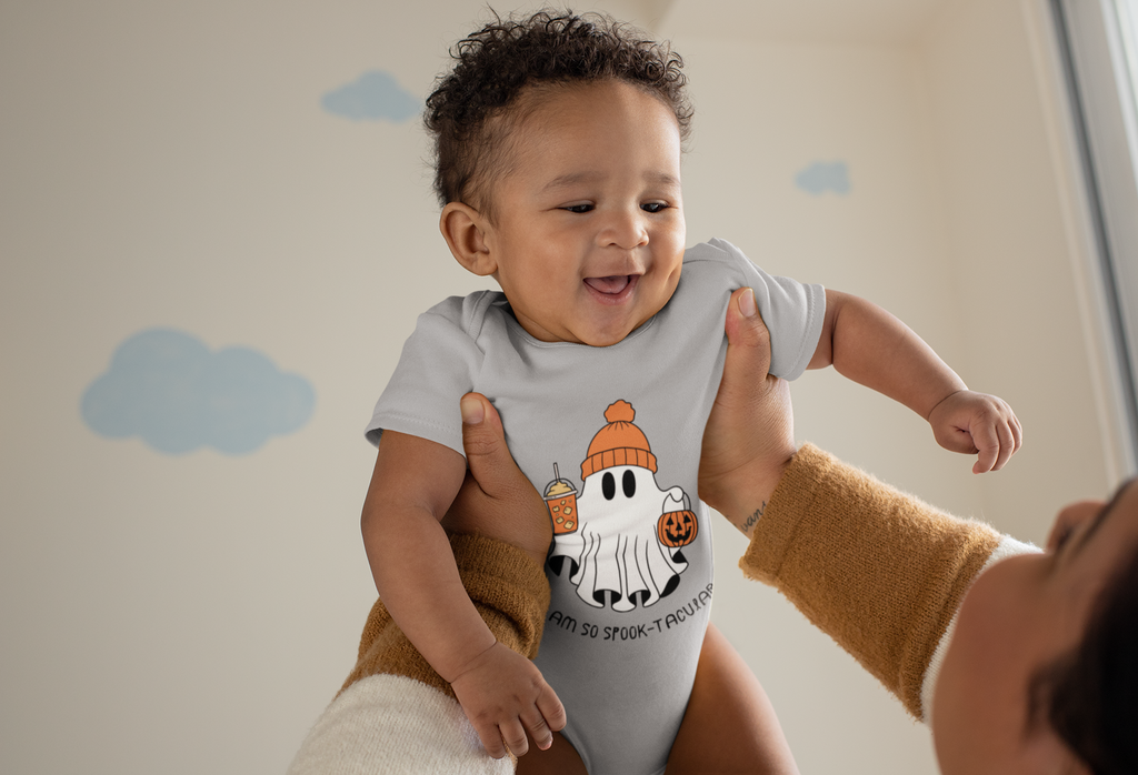 Baby Halloween Romper – Ghost with Winter Cap Print “I Am So Spook-tacular”