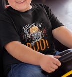 Kids unisex cotton Halloween T-shirt with pumpkin-faced skeleton dancing at disco and text “Halloween Boo!”