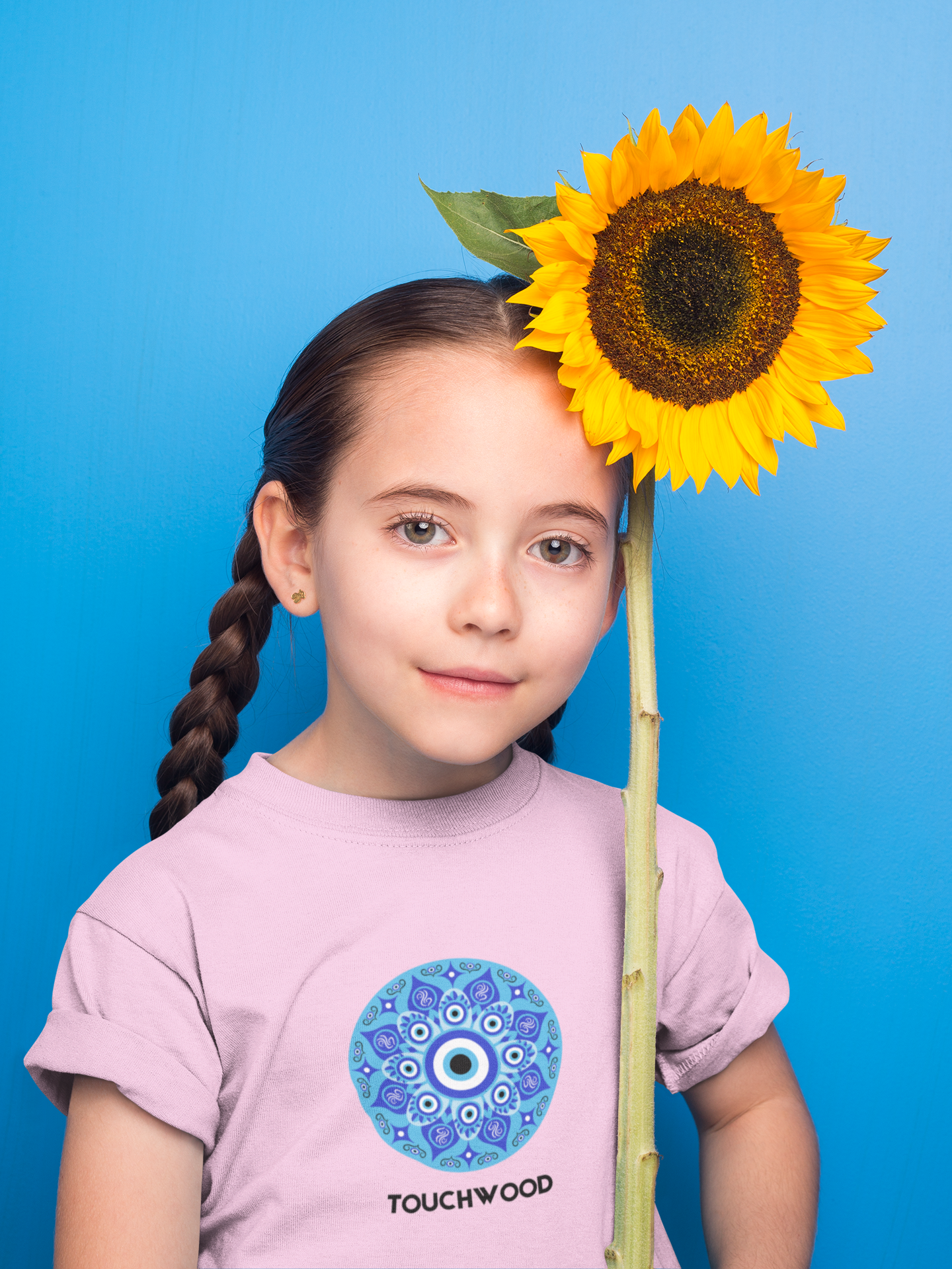 Kids cotton t-shirt with blue evil eye Touchwood print by Mumma’s Cub