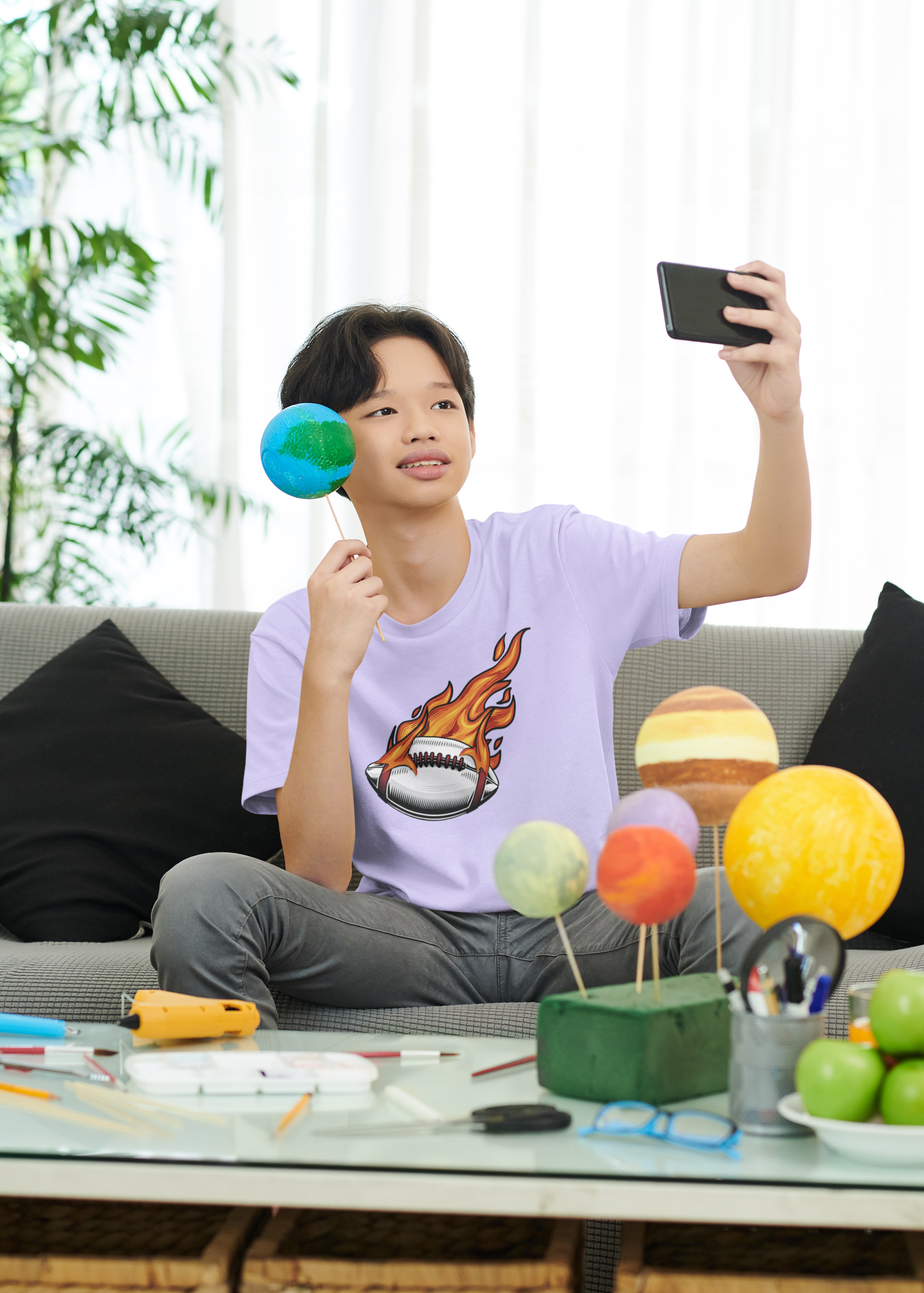 Boys Fiery Baseball Print Cotton T-Shirt