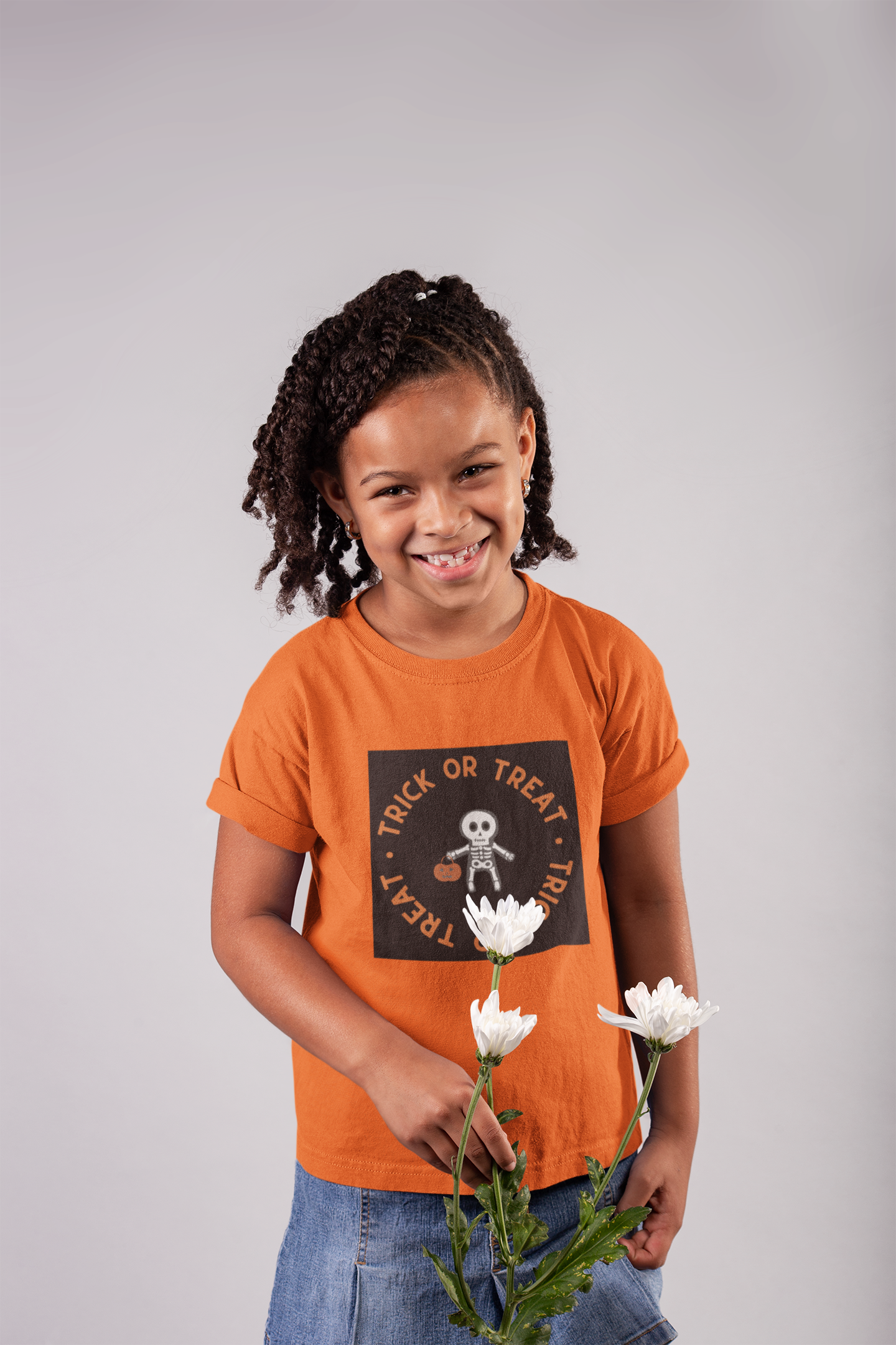 Kids Halloween T-Shirt – Little Skeleton with Pumpkin Basket Print “Trick or Treat”