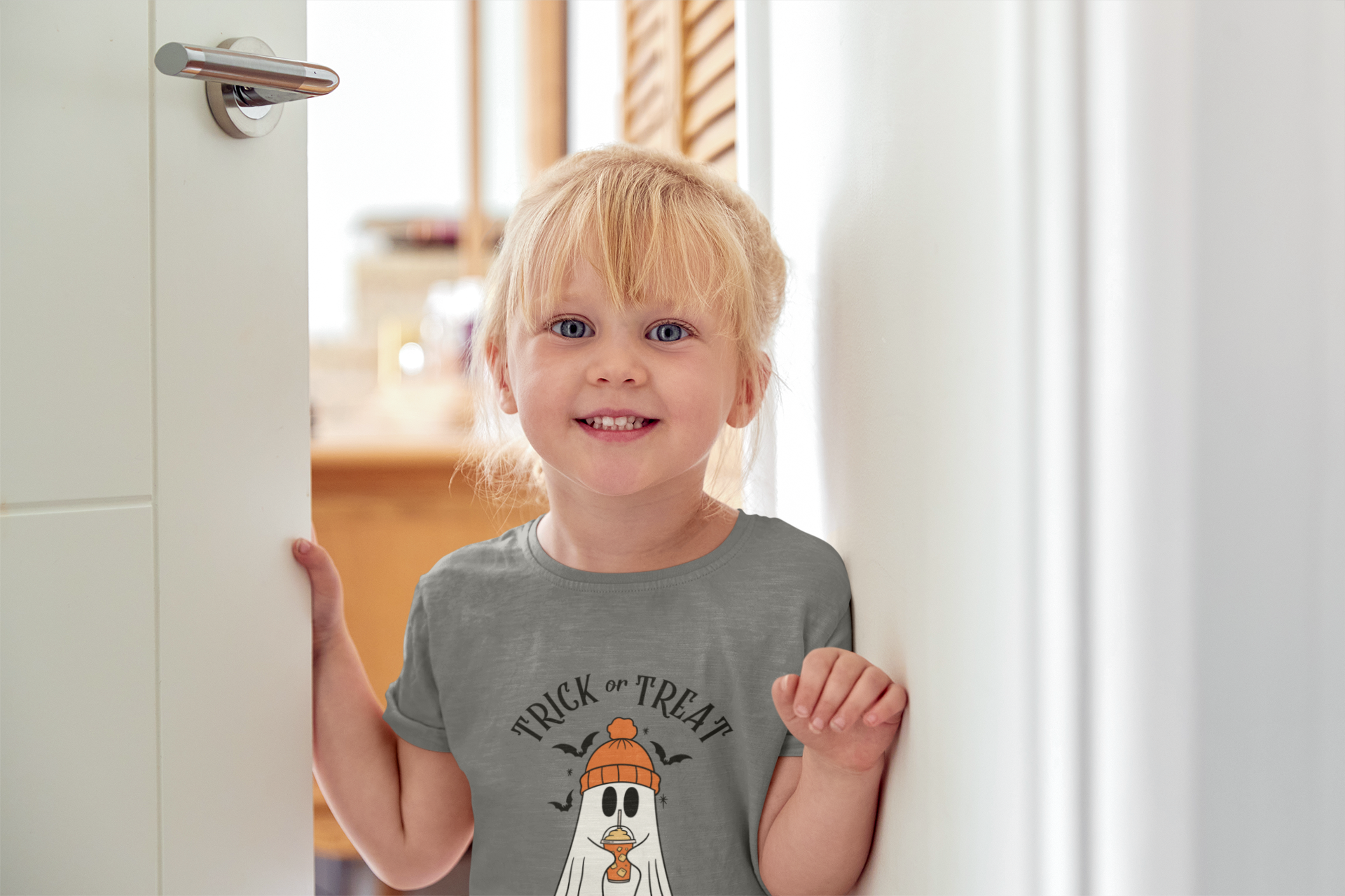 Kids Halloween T-Shirt – Cute Ghost with Winter Cap Print “Trick or Treat”