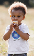 Kids cotton t-shirt with blue evil eye Touchwood print by Mumma’s Cub