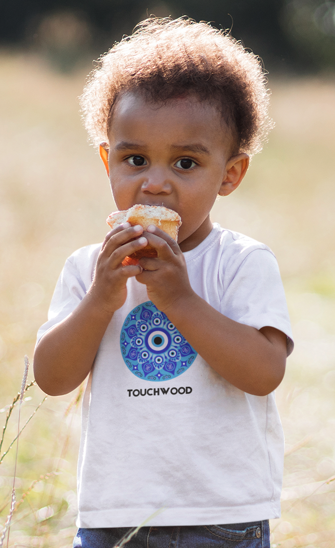 Kids cotton t-shirt with blue evil eye Touchwood print by Mumma’s Cub