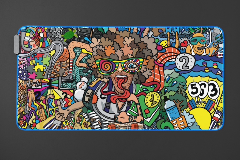 Large gaming desk pad with doodle print and stitched edges – 80×33 cm