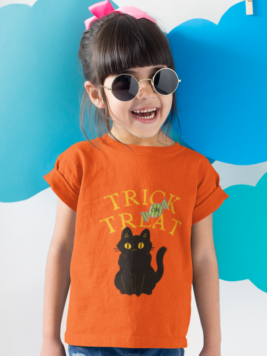 Kids unisex cotton Halloween T-shirt with black cat print and text “Trick or Treat”