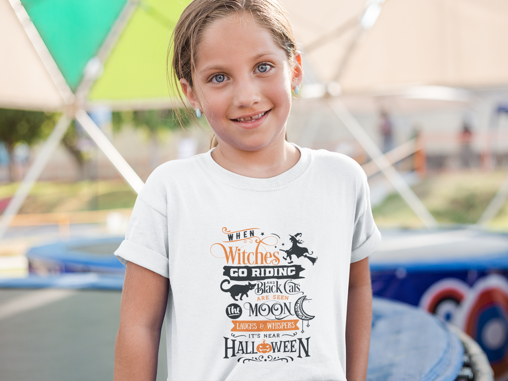 Kids Halloween T-Shirt – Witchy Quote Print “When Witches Go Riding…”