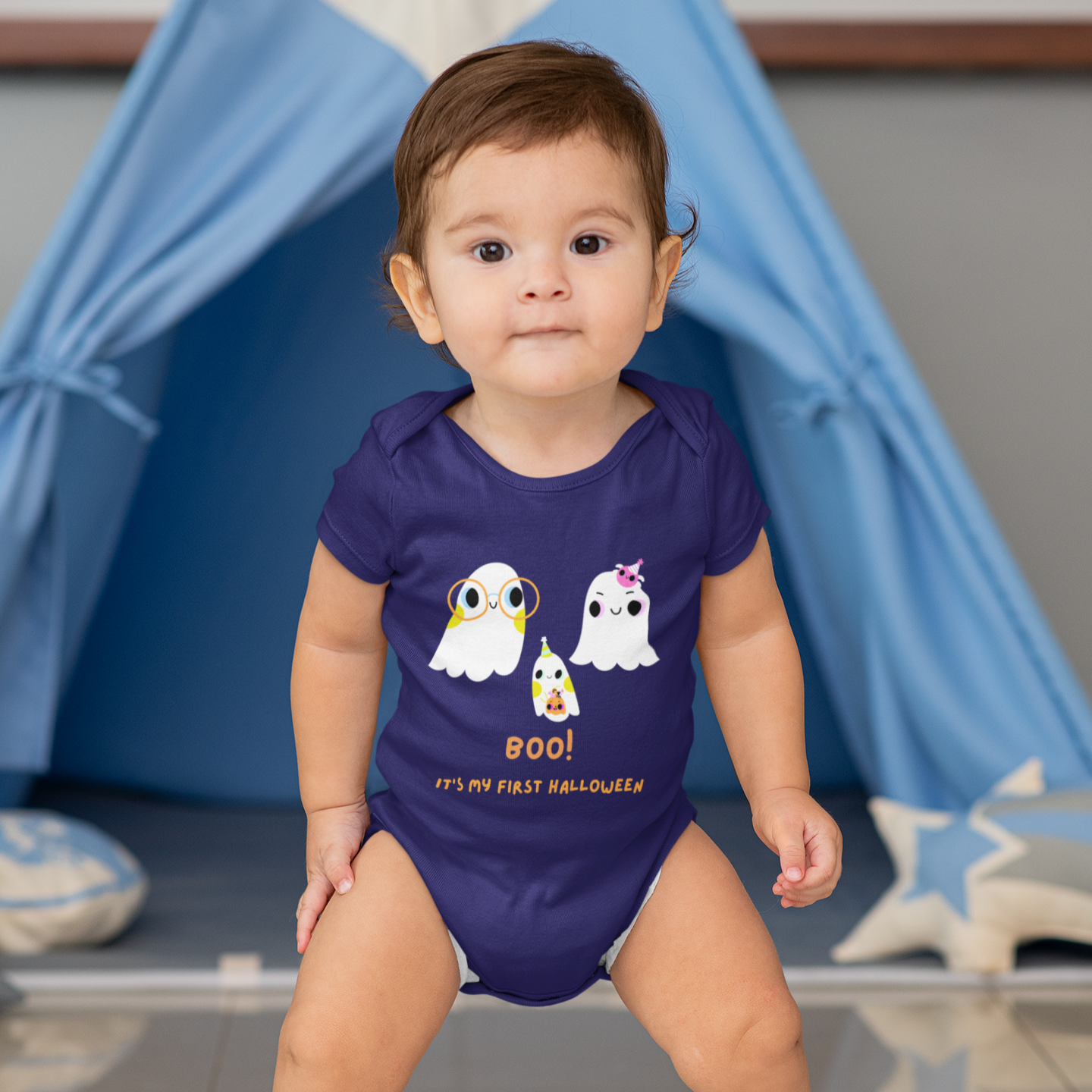 "Baby wearing ghost family onesie for first Halloween – cotton romper for fall"
