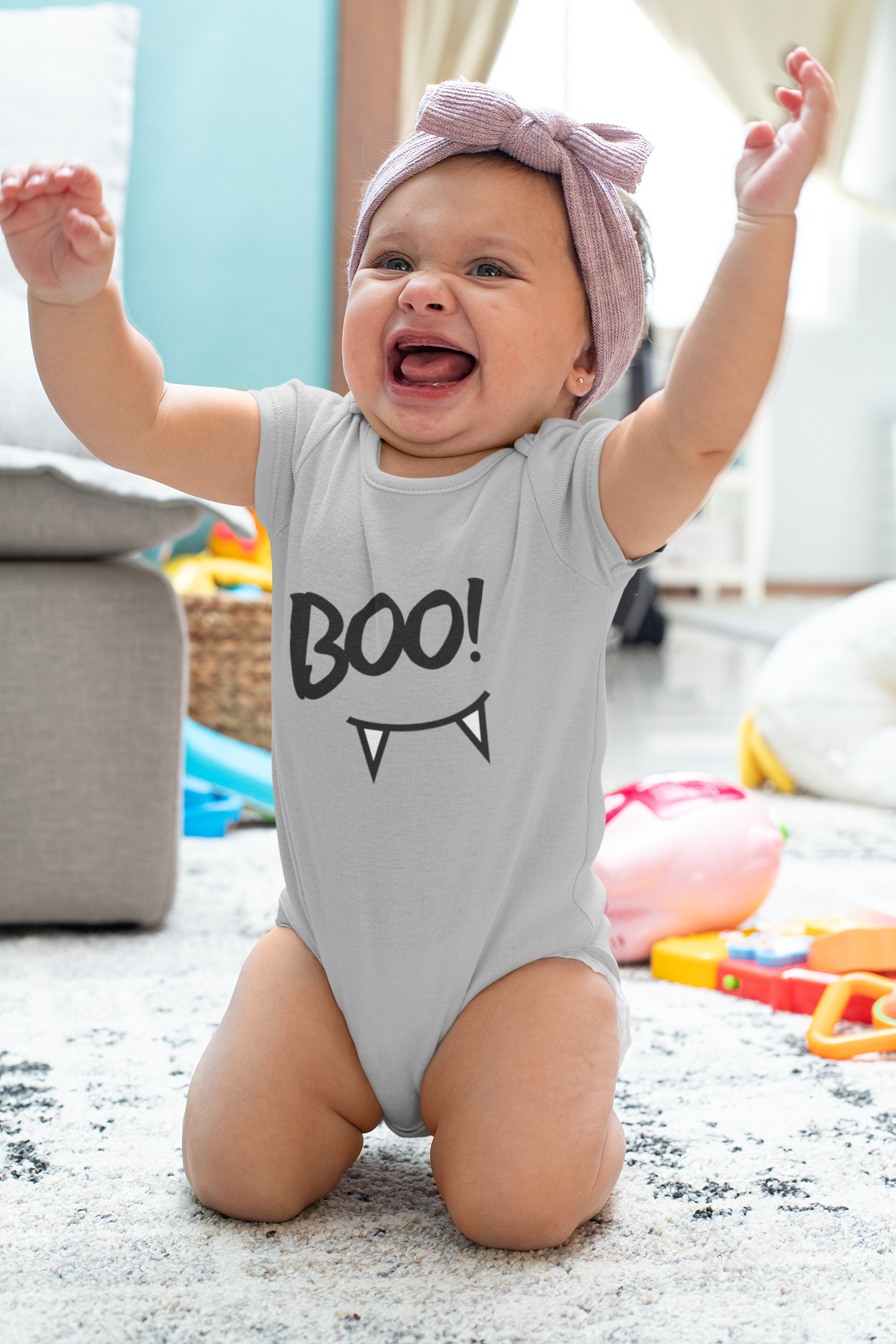 Baby soft cotton Halloween onesie with “Boo!” text print – breathable festive romper for infants