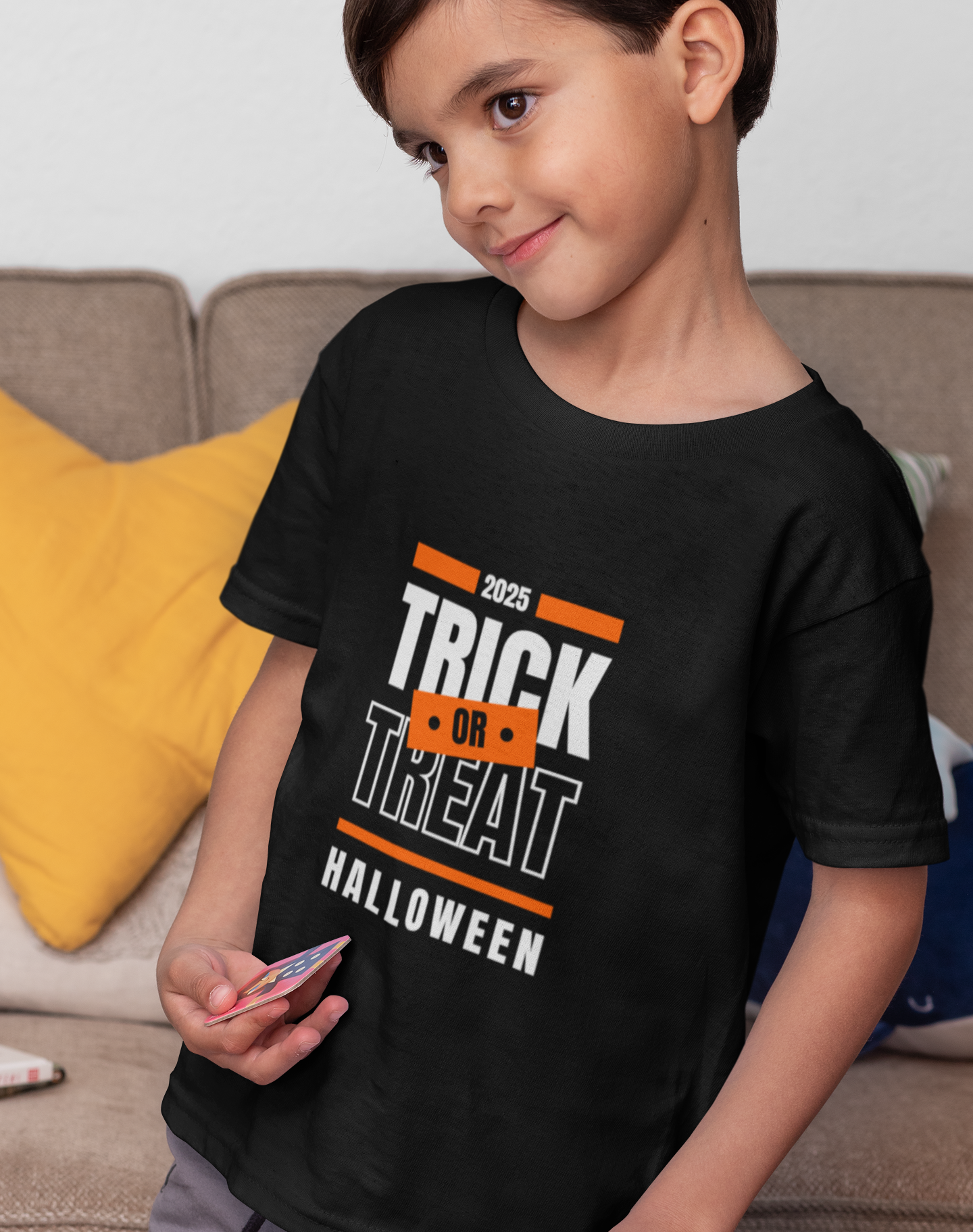 Kids unisex cotton Halloween 2025 T-shirt with bold “Trick or Treat” print