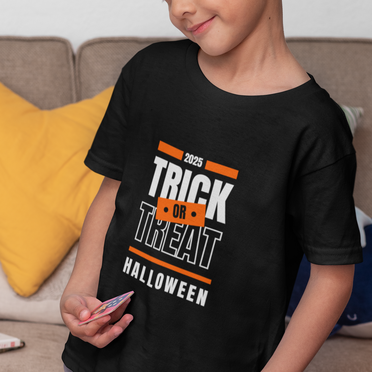 Kids unisex cotton Halloween 2025 T-shirt with bold “Trick or Treat” print