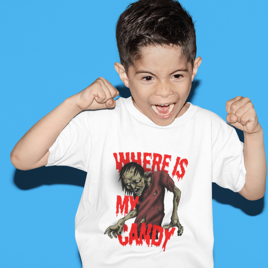 Kids unisex cotton Halloween T-shirt with zombie print and text “Where is My Candy”