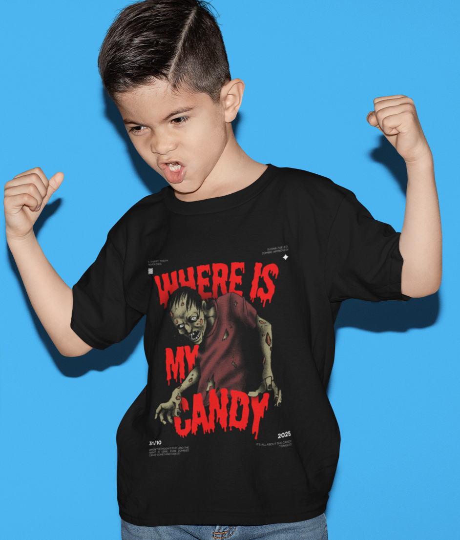 Kids Halloween T-Shirt – Zombie Print “Where is My Candy”