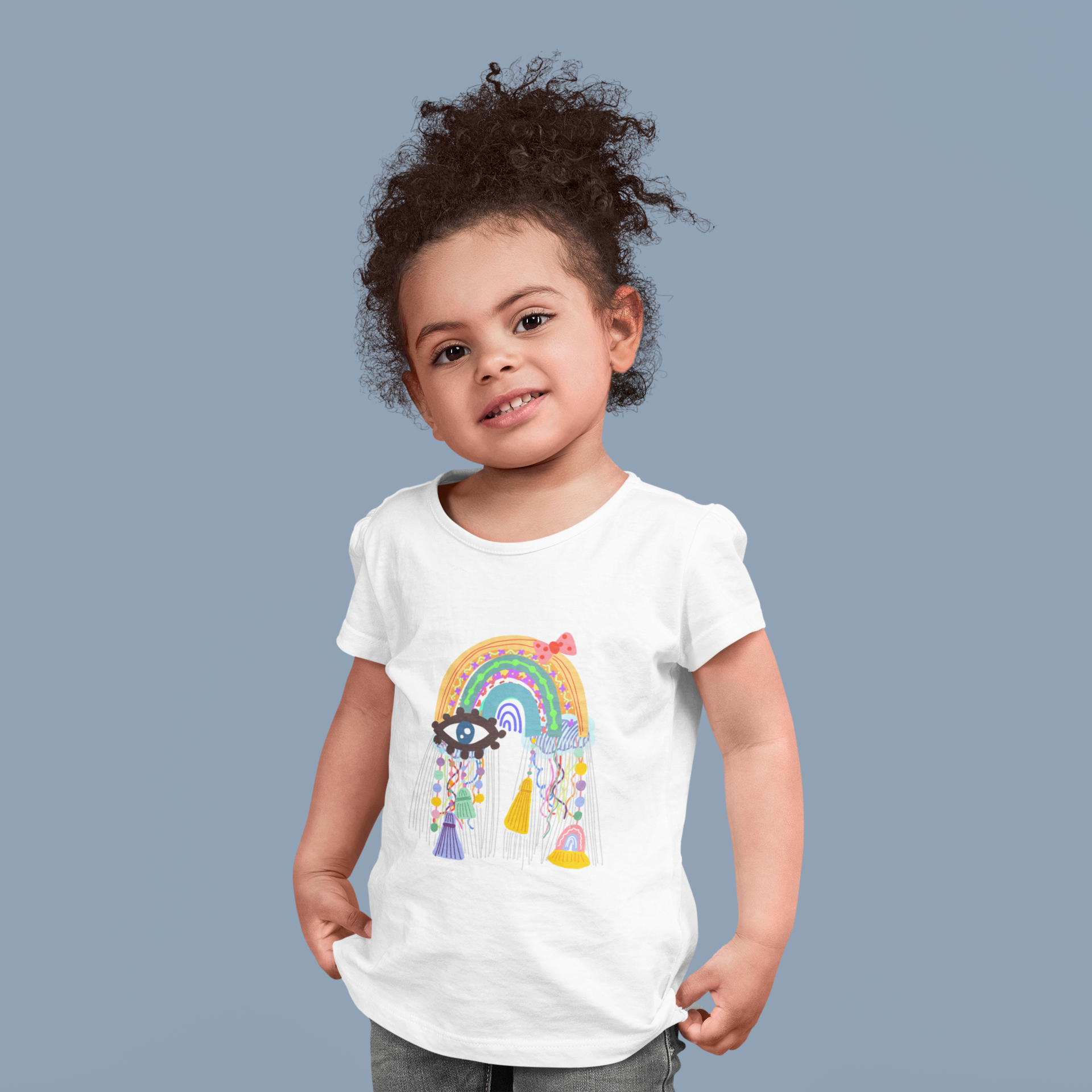 Girls boho evil eye rain colorful print cotton T-shirt by Mumma’s Cub
