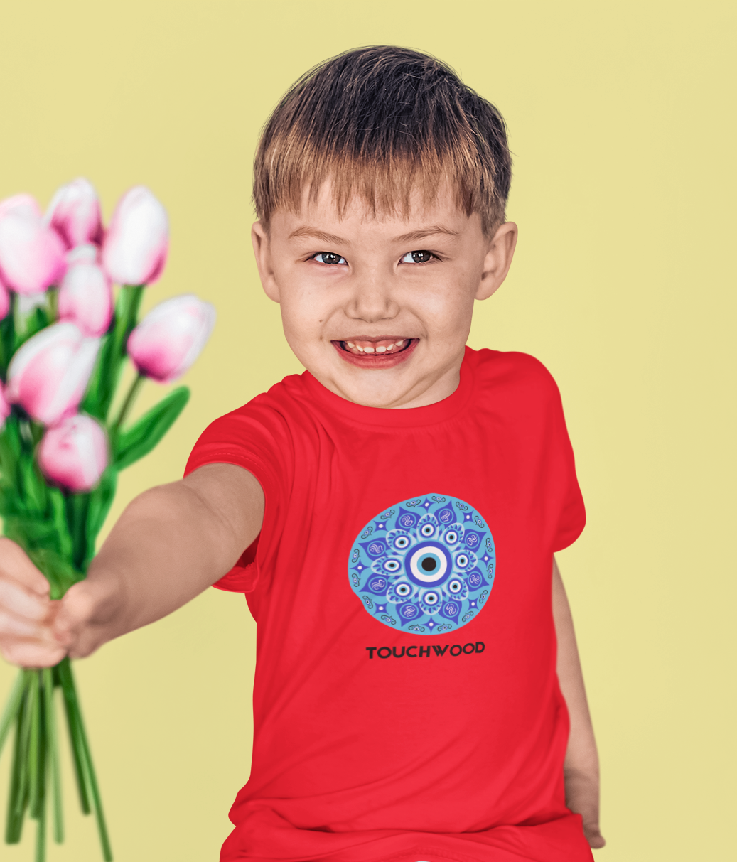 Kids cotton t-shirt with blue evil eye Touchwood print by Mumma’s Cub