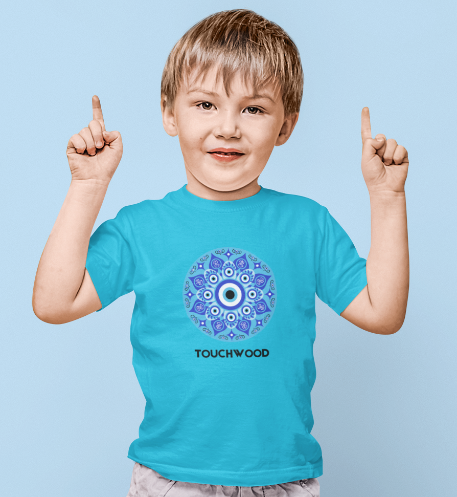 Kids cotton t-shirt with blue evil eye Touchwood print by Mumma’s Cub