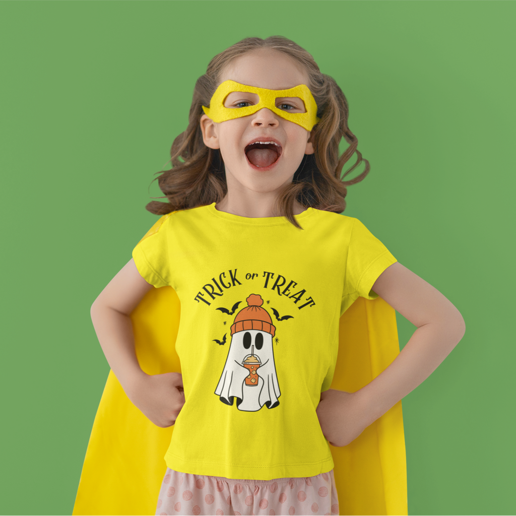 Kids unisex cotton Halloween T-shirt with cute ghost wearing winter cap, holding frappe, and text “Trick or Treat”