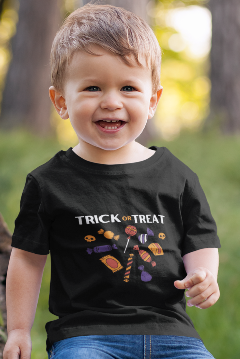 Kids unisex cotton Halloween T-shirt with candy print and text “Trick or Treat”