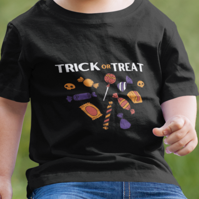 Kids unisex cotton Halloween T-shirt with candy print and text “Trick or Treat”