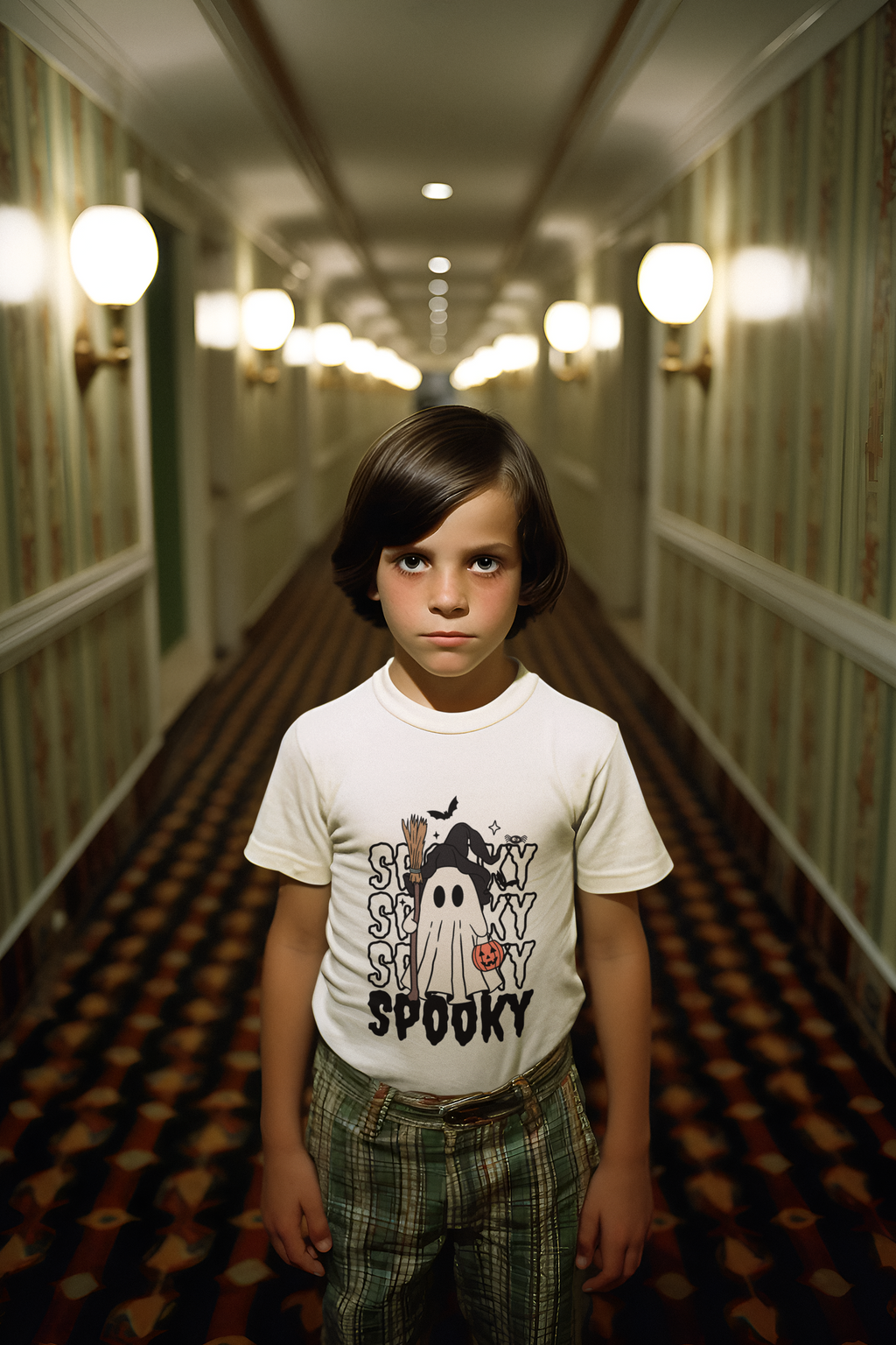 Kids unisex cotton Halloween T-shirt with ghost holding broom and pumpkin basket and text “Spooky Spooky Spooky Spooky”