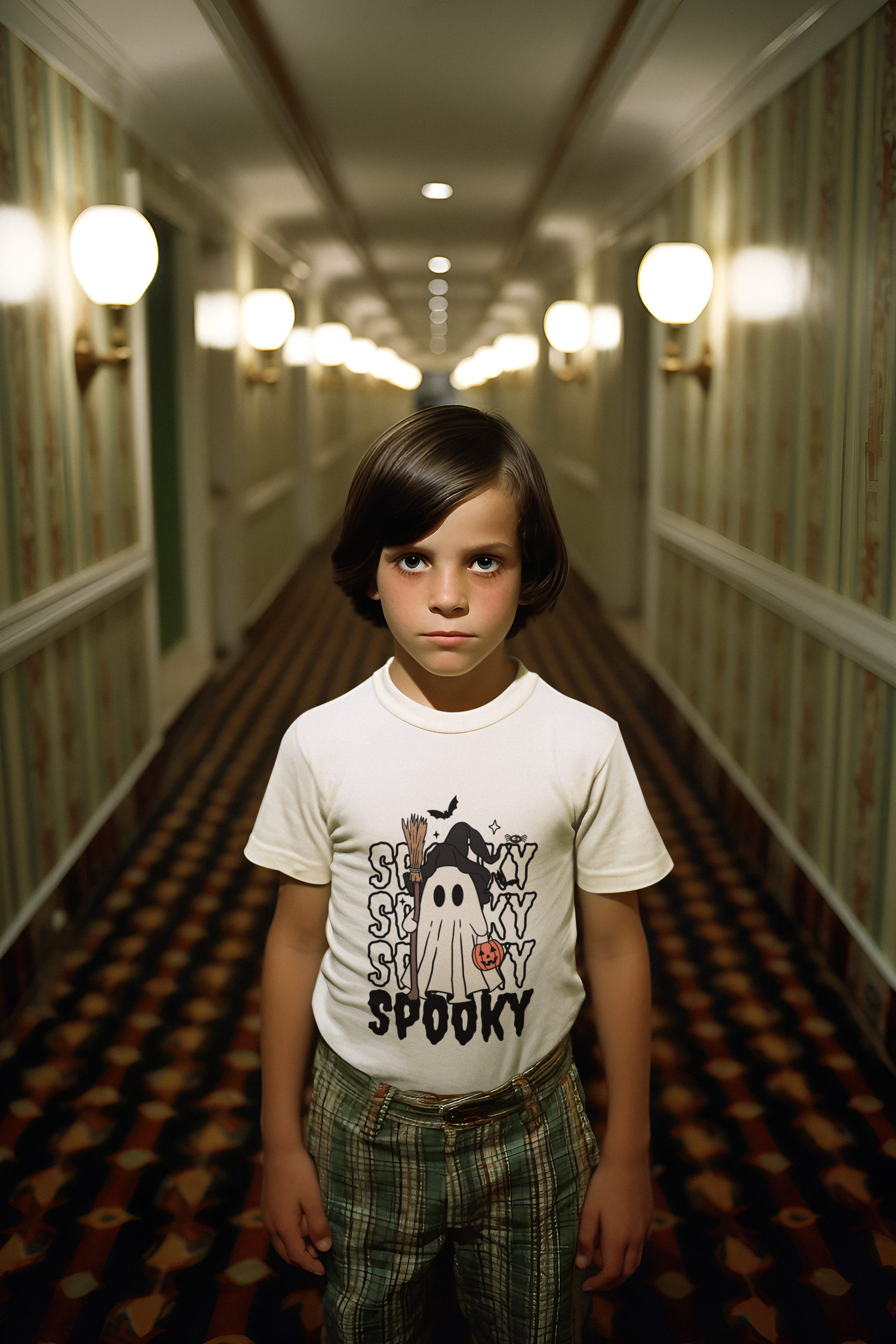 Kids unisex cotton Halloween T-shirt with ghost holding broom and pumpkin basket and text “Spooky Spooky Spooky Spooky”