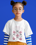 Kids unisex cotton Halloween T-shirt with pink pumpkins wearing bows and text “Halloween”