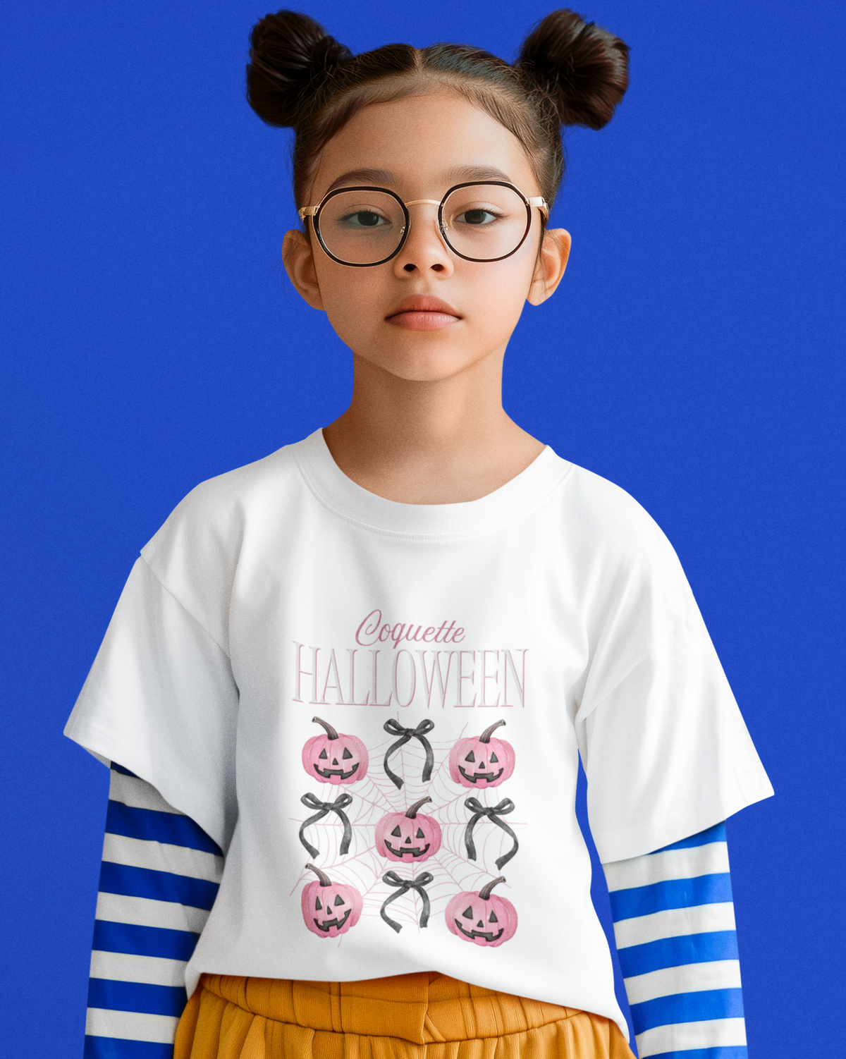 Kids unisex cotton Halloween T-shirt with pink pumpkins wearing bows and text “Halloween”
