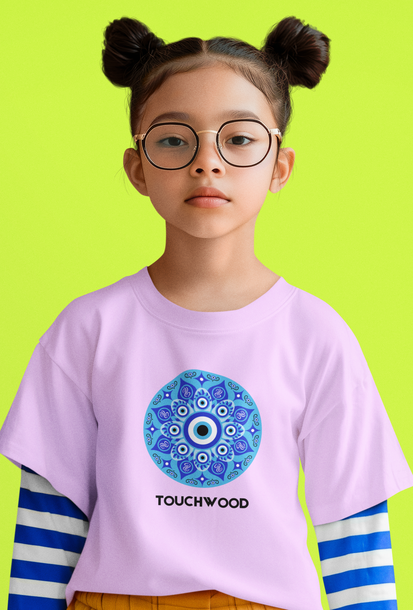 Kids cotton t-shirt with blue evil eye Touchwood print by Mumma’s Cub