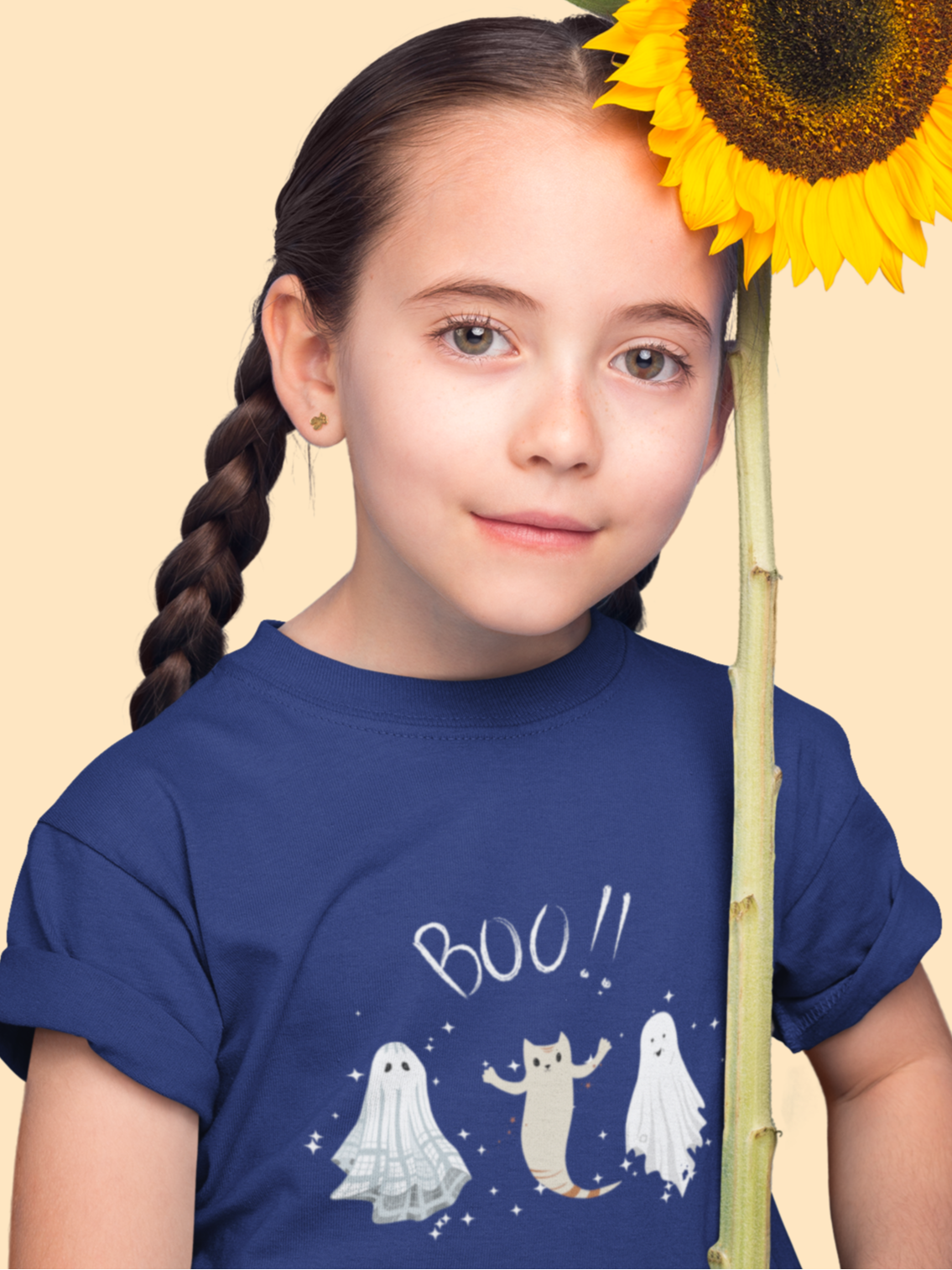 Kids unisex cotton Halloween T-shirt with three dancing ghosts, cat ghost in the center, and text “Boo!”