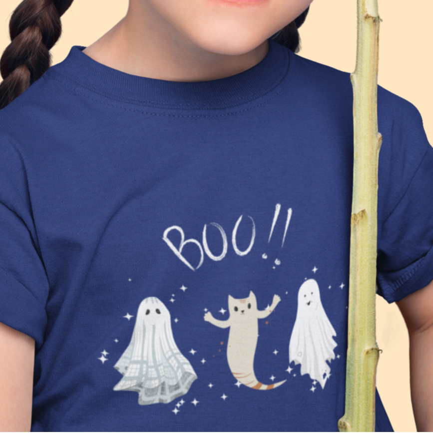 Kids unisex cotton Halloween T-shirt with three dancing ghosts, cat ghost in the center, and text “Boo!”